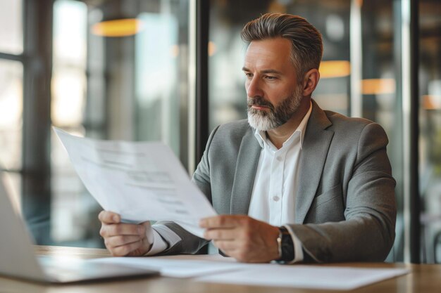 Photo un homme d'affaires d'âge moyen assis à une table à regarder des papiers travaillant dans un bureau moderne