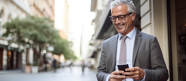 Homme d'affaires âgé souriant à l'aide d'un smartphone dans une rue entourée de bâtiments