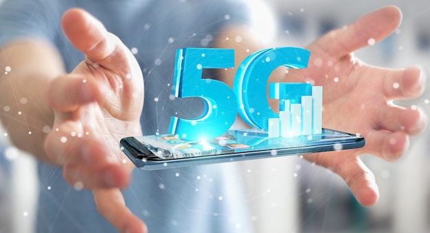 Homme d'affaires à l'aide du réseau 5G avec téléphone mobile, rendu 3D