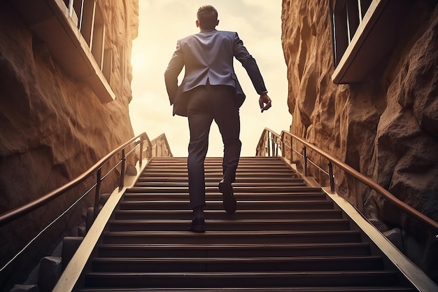 Un homme d'affaires ambitieux grimpe les escaliers du succès