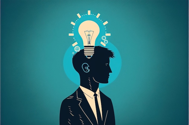 Homme d'affaires avec ampoule, concept d'idées, fond bleu. Illustration numérique IA