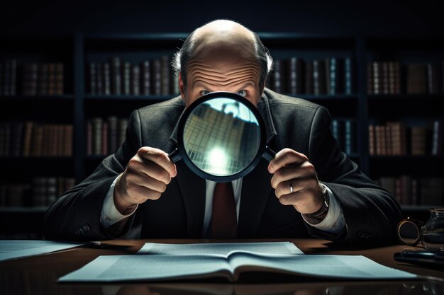 Un homme d'affaires analyse des documents avec une loupe.