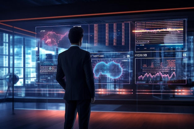 Un homme d'affaires analyse des données sur un écran holographique