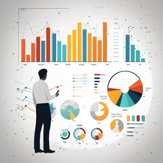 Un homme d'affaires analyse des données d'études de marché illustration abstraite et photo de fond solide