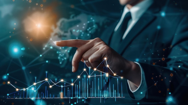 Un homme d'affaires analyse des données financières à l'aide d'un hologramme