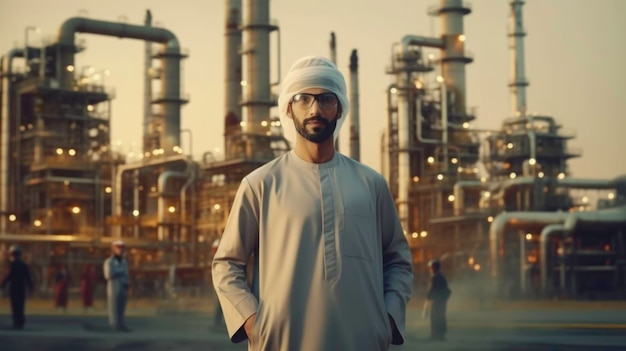 Un homme d'affaires arabe musulman prospère avec une raffinerie de pétrole générée par l'IA
