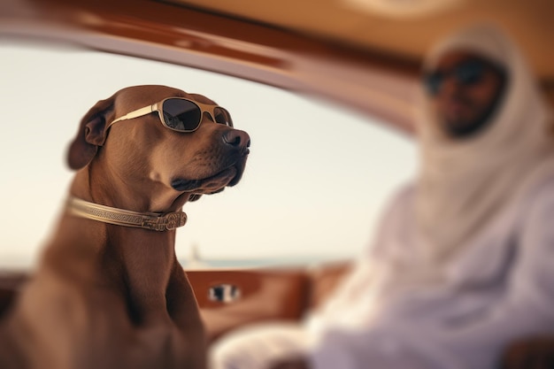 Un homme d'affaires arabe avec son chien dans la voiture.