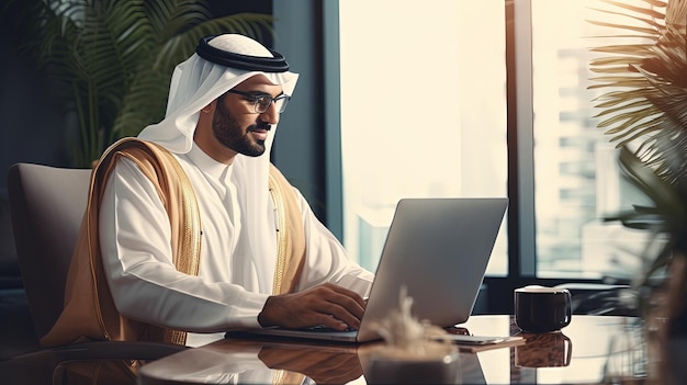 Un homme d'affaires arabe travaillant dans un bureau moderne.