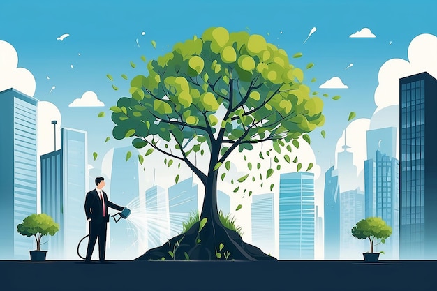 Homme d'affaires arrosant un arbre d'entreprise Planification et stratégie de croissance Concept d'entreprise Illustration vectorielle plate Homme sur le fond de la ville