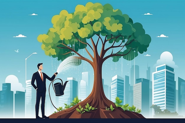 Homme d'affaires arrosant un arbre d'entreprise Planification et stratégie de croissance Concept d'entreprise Illustration vectorielle plate Homme sur le fond de la ville