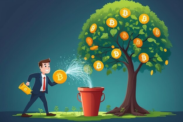 Photo l'homme d'affaires arrose l'arbre de bitcoin pour faire croître son entreprise l'augmentation et la croissance de l'entreprise illustrent le concept plat