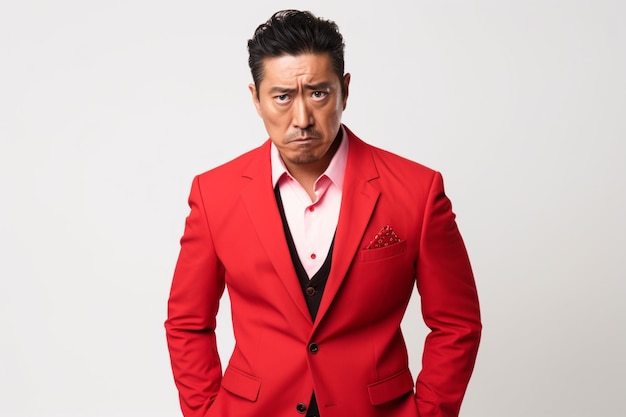 Homme d'affaires asiatique d'âge moyen en costume rouge avec une expression de colère