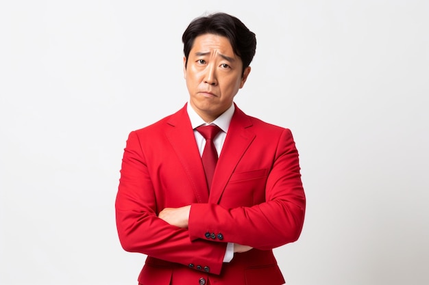 Un homme d'affaires asiatique d'âge moyen en costume rouge avec une expression confuse.