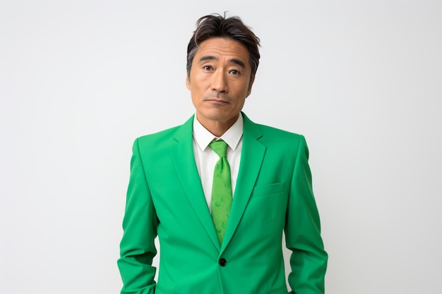 Homme d'affaires asiatique d'âge moyen en costume vert avec une expression de colère