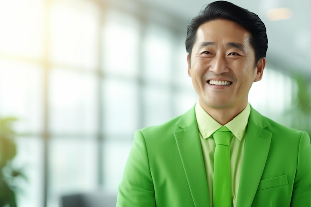 Homme d'affaires asiatique d'âge moyen en costume vert avec une expression heureuse