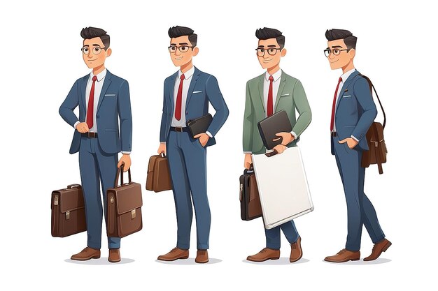 Homme d'affaires asiatique concept de personnage de dessin animé dans des vêtements de style de bureau Hommes d'affaires beaux tient une mallette et un ordinateur portable