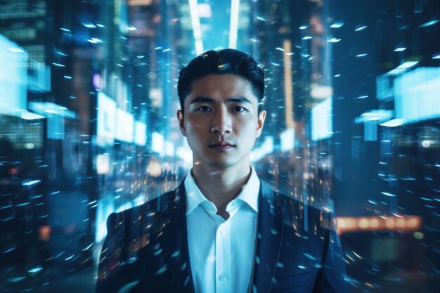 Homme d'affaires asiatique Prendre des portraits au milieu des lumières des grands bâtiments dans la ville moderne d'un environnement de grande ville