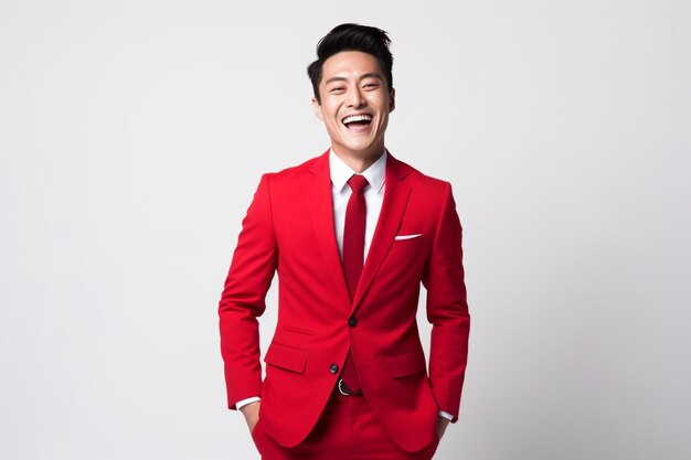 Homme d'affaires asiatique riant portant un costume rouge