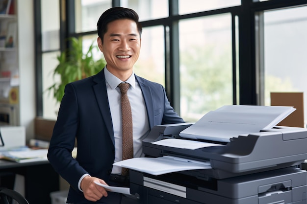 Un homme d'affaires asiatique souriant imprime du papier sur une imprimante laser multifonctionnelle dans un bureau d'affaires.