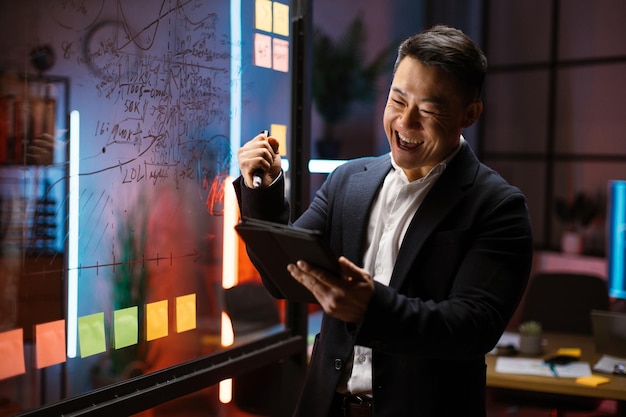 Homme d'affaires asiatique tenant une tablette et célébrant le succès debout près du mur de verre