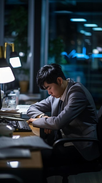 un homme d'affaires asiatique travaillant des heures supplémentaires dans un bureau la nuit