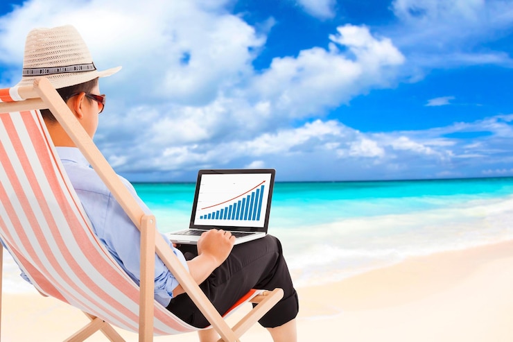 Photo homme d'affaires assis sur des chaises de plage et regarder financier boursier