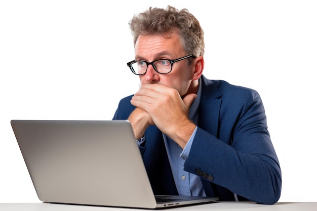 Photo un homme d'affaires assis avec du stress et des maux de tête au bureau en utilisant un ordinateur portable sur fond blanc