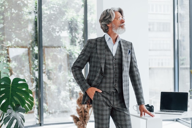 Homme d'affaires au bureau Senior homme moderne et élégant aux cheveux gris et à la barbe à l'intérieur