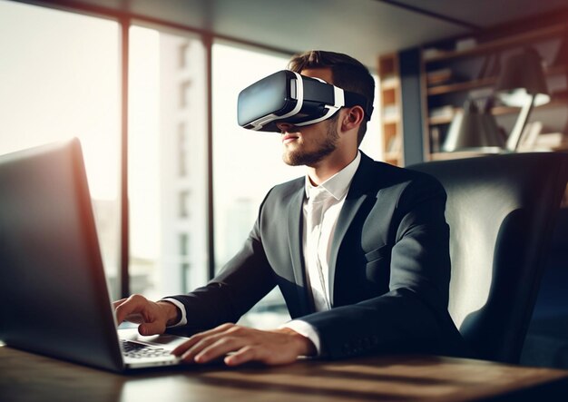 Homme d'affaires au bureau travaillant sur un ordinateur portable et portant des lunettes de réalité virtuelle