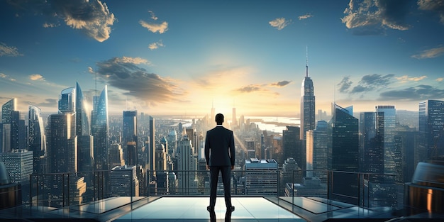 Homme d'affaires sur le balcon d'un immeuble de bureaux regardant l'horizon de la ville avec des gratte-ciel