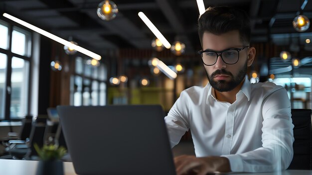 Photo un homme d'affaires barbu aux lunettes travaille sur un ordinateur portable dans un bureau sombre.