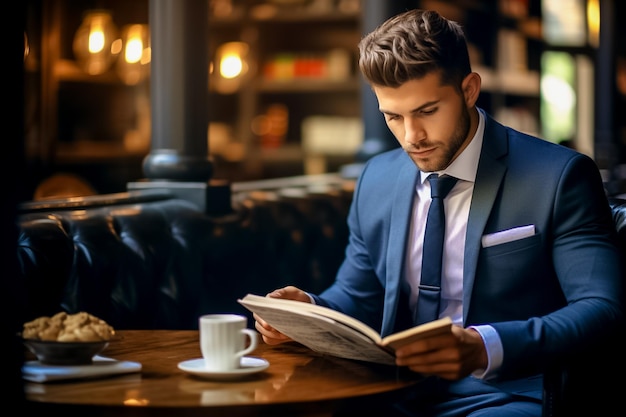 Homme d'affaires beau livre de lecture prendre un café style de vie réussi et professionnel généré par l'IA