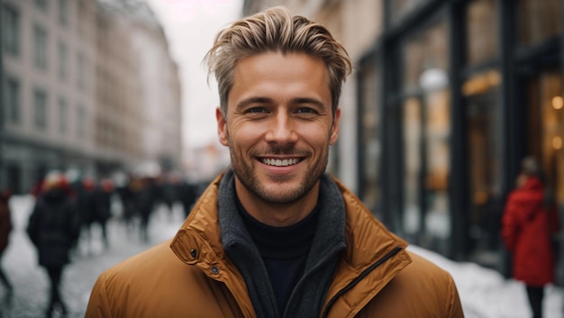 un homme d'affaires blond nordique heureux dans une ville par une journée d'hiver