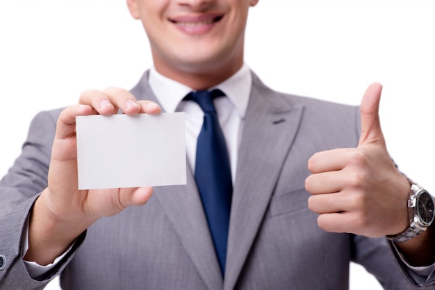 Photo homme d'affaires avec une carte vierge isolée sur blanc