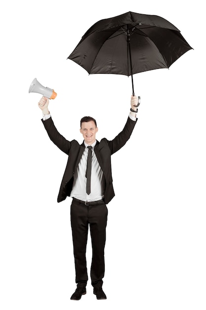 Un homme d'affaires caucasien avec un mégaphone et un parapluie.