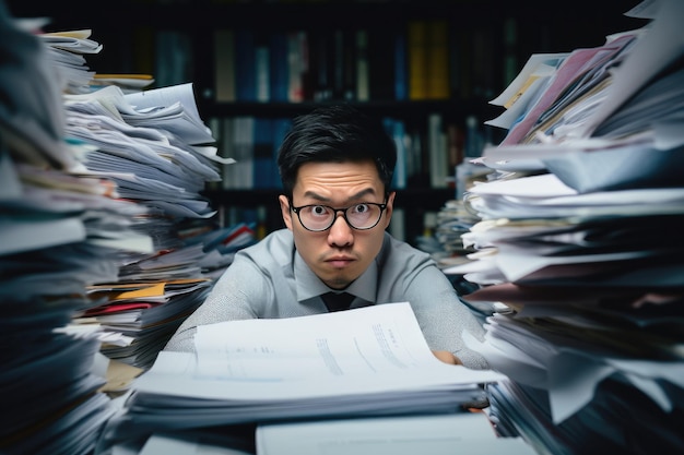 Un homme d'affaires en colère sur une pile de papiers.