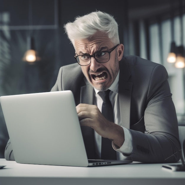 Homme d'affaires en colère regardant un ordinateur portable