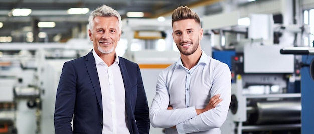 homme d'affaires et collègue debout près de la machine dans l'usine