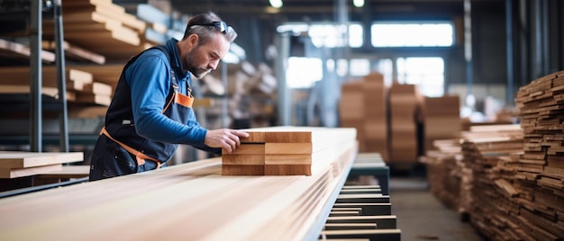 Un homme d'affaires et un collègue examinent une planche en bois dans une usine