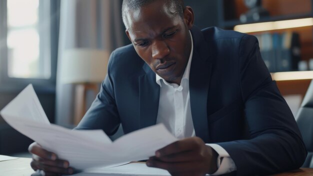 Un homme d'affaires concentré analysant des documents avec une profonde concentration assis dans un bureau