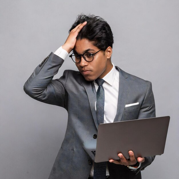 Un homme d'affaires concentré avec un ordinateur portable analysant les données en ligne avec préoccupation