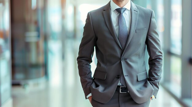 Un homme d'affaires confiant en costume avec les mains dans les poches.