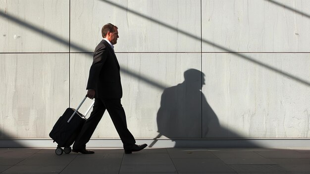 Homme d'affaires confiant en costume marchant avec des bagages dans le terminal de l'aéroport