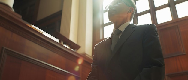 Photo un homme d'affaires confiant dans l'ambiance d'une salle d'audience au soleil.