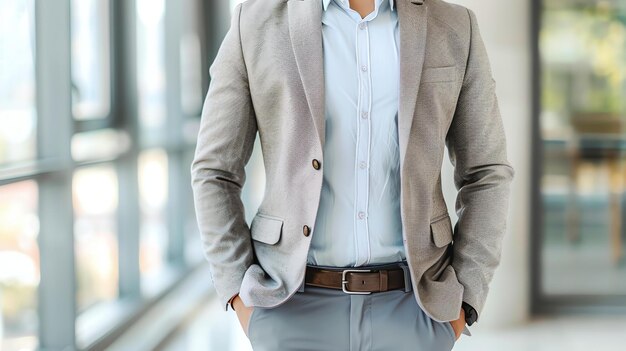 Homme d'affaires confiant dans un costume avec les mains dans les poches debout dans un immeuble de bureaux