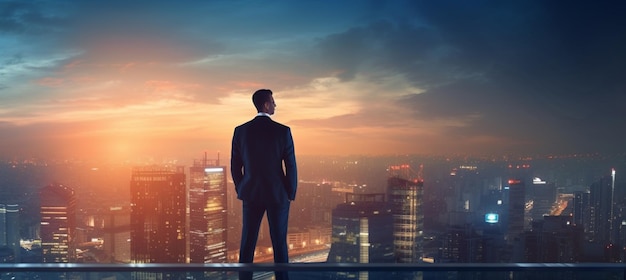 Homme d'affaires confiant debout sur le toit du bâtiment tout en regardant la silhouette du paysage urbain