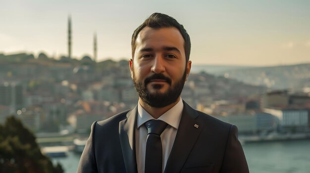 Un homme d'affaires confiant debout sur un toit d'une grande ville regardant la vue avec une expression déterminée