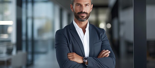 Photo homme d'affaires confiant du moyen-orient dans les bras de bureau croisés regardant l'espace de copie de la caméra