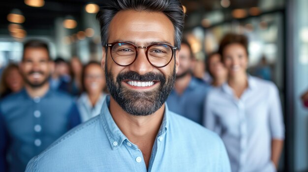 Un homme d'affaires confiant avec des lunettes souriant devant l'équipe.