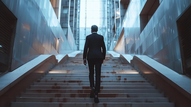 Un homme d'affaires confiant montant les escaliers du succès.